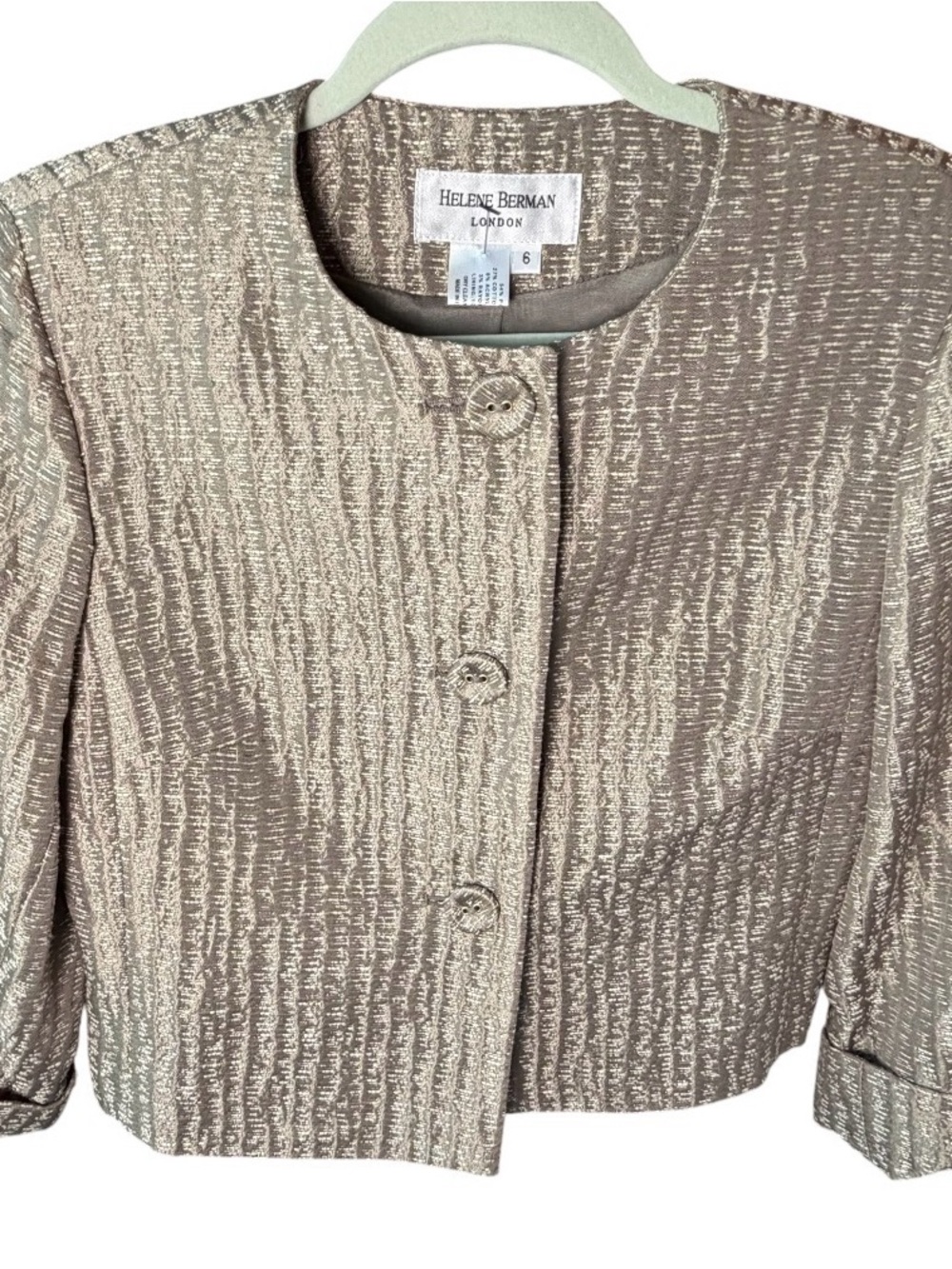 NWT Helene Berman London Metallic Gold Taupe-Textured Cropped Jacket size 6